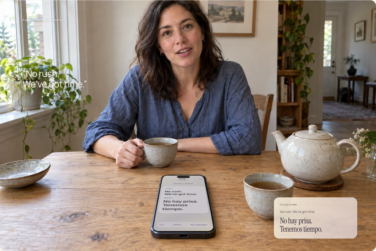 Illustrated scene: a friend across the table, a physical phone resting in front of you, and two cups of tea.