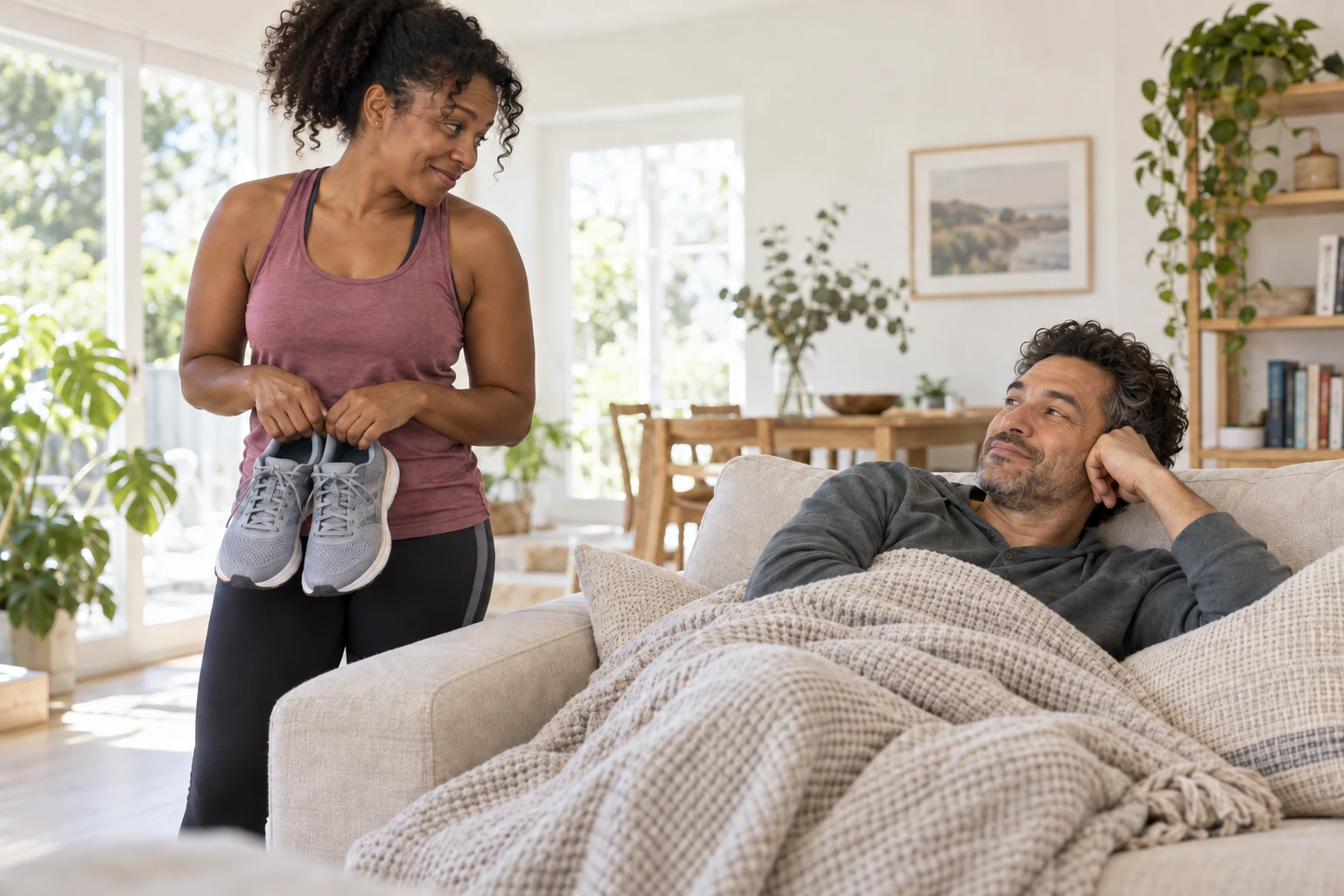A friend with running shoes shares a smile with someone already comfortable under a blanket on the sofa.