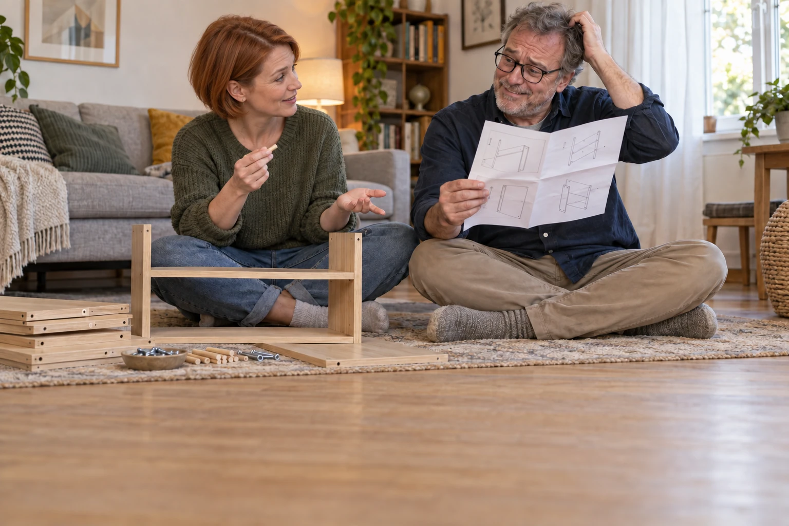 Two friends assembling furniture laugh as one turns the instructions around, still trying to understand.