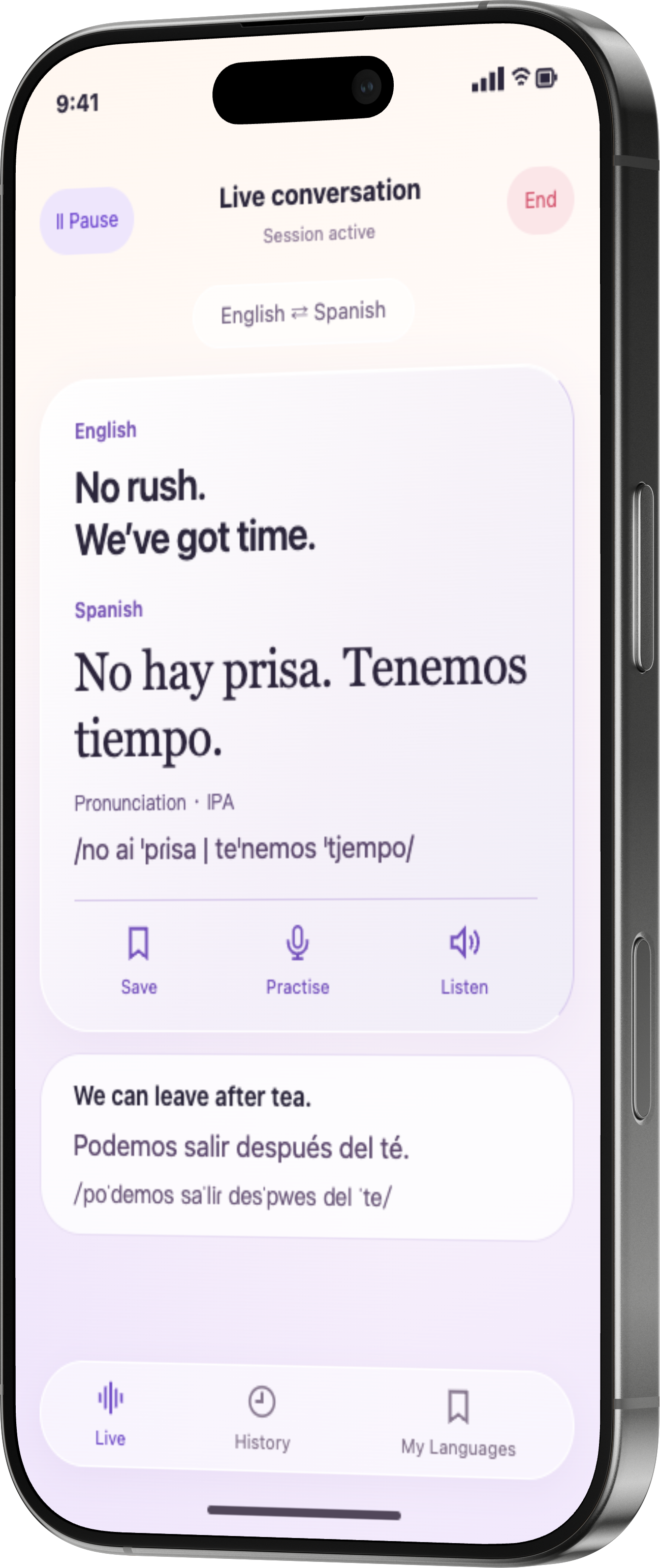 Leenuma Live design demonstration: English and Spanish paired in the same active session. No rush. We’ve got time. — No hay prisa. Tenemos tiempo.