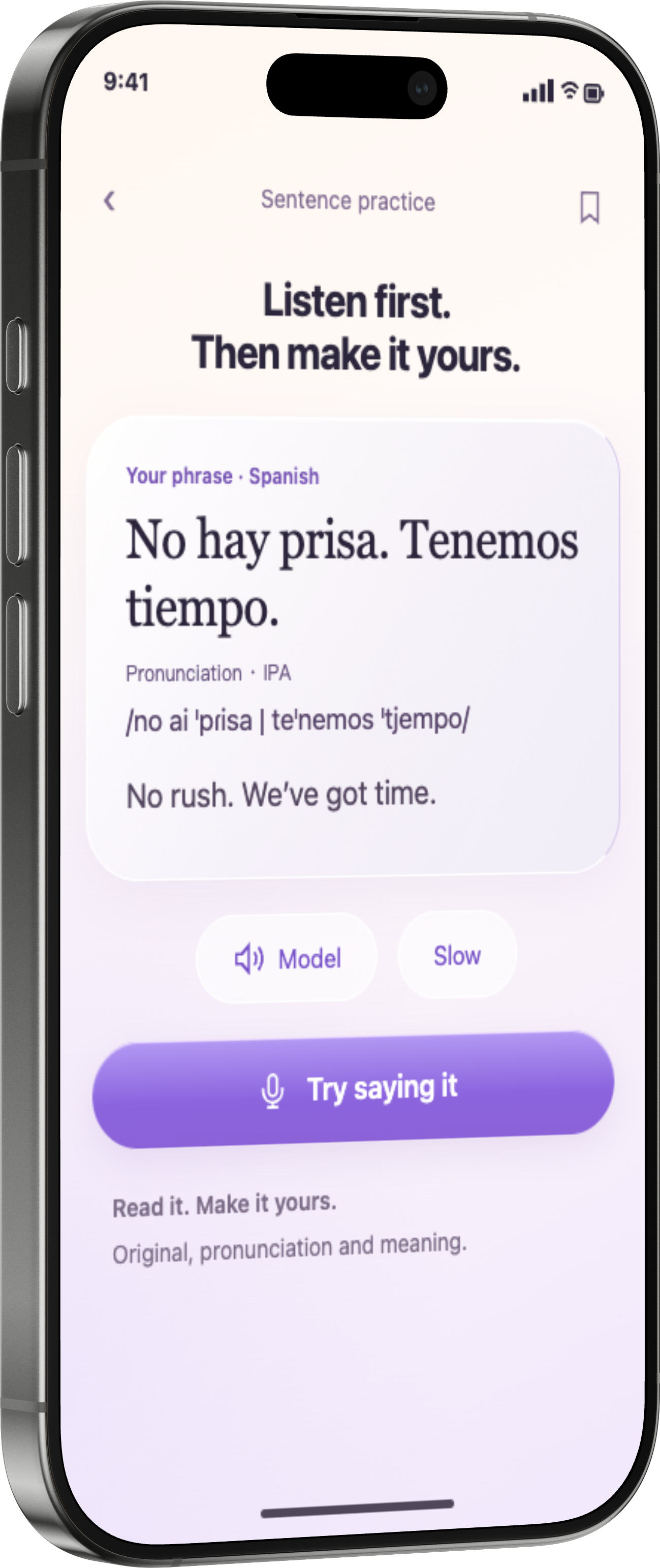 Leenuma learning design demonstration: No hay prisa. Tenemos tiempo. — No rush. We’ve got time. Model, slow phrasing and a speaking attempt.