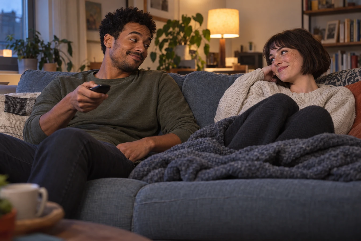 One friend holds the remote while the other has already curled back into the sofa for another episode.